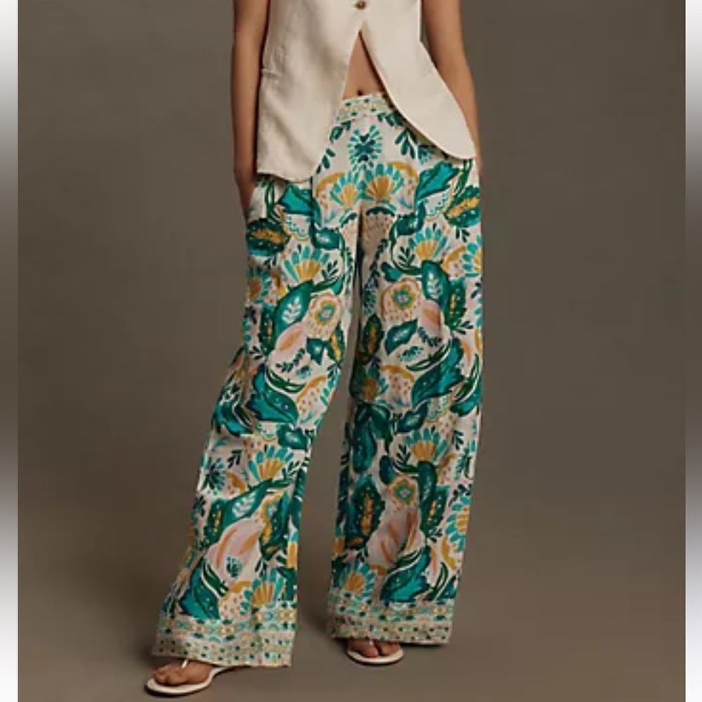 Women’s Anthropologie Ranna Gill Boho Beachy Linen Floral Wide-Leg  Medium